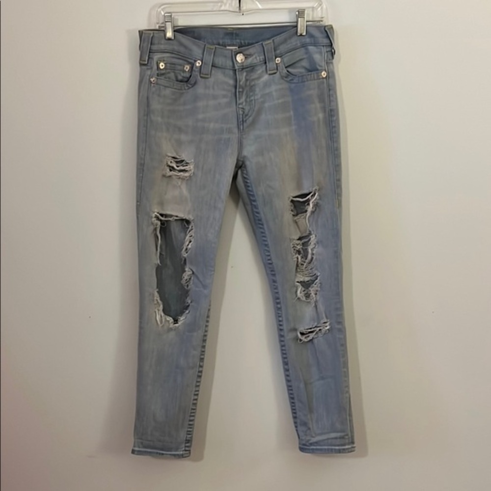 True Religion Blue Straight Leg Jeans with Distressed Details Women’s Size 28